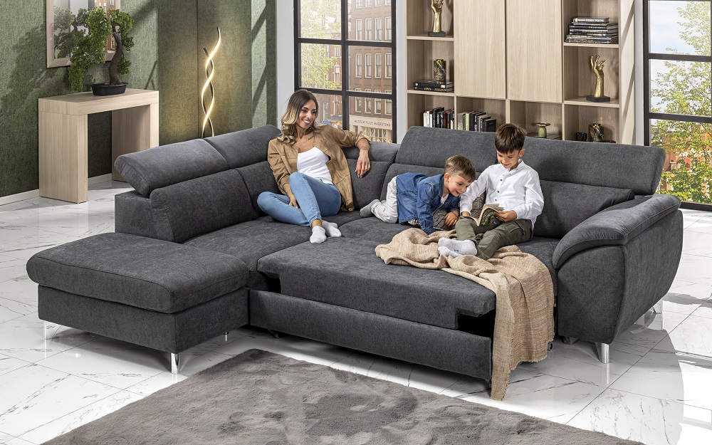 gray sofa in the center of the room