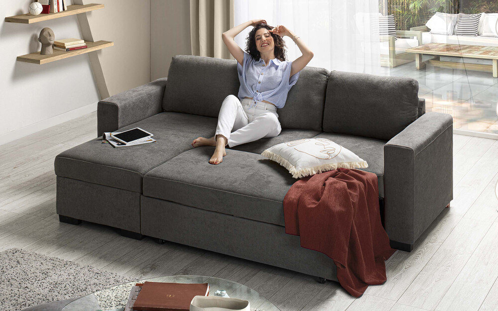 Divano letto Liberty angolare con penisola reversibile contenitore - meccanismo estraibile