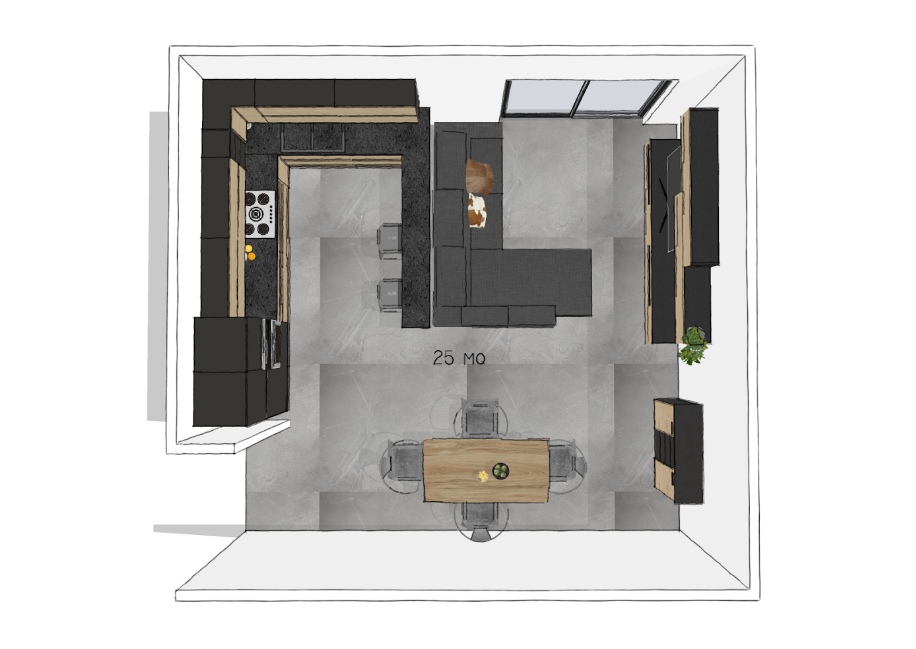 Cucina e soggiorno open space 25 mq