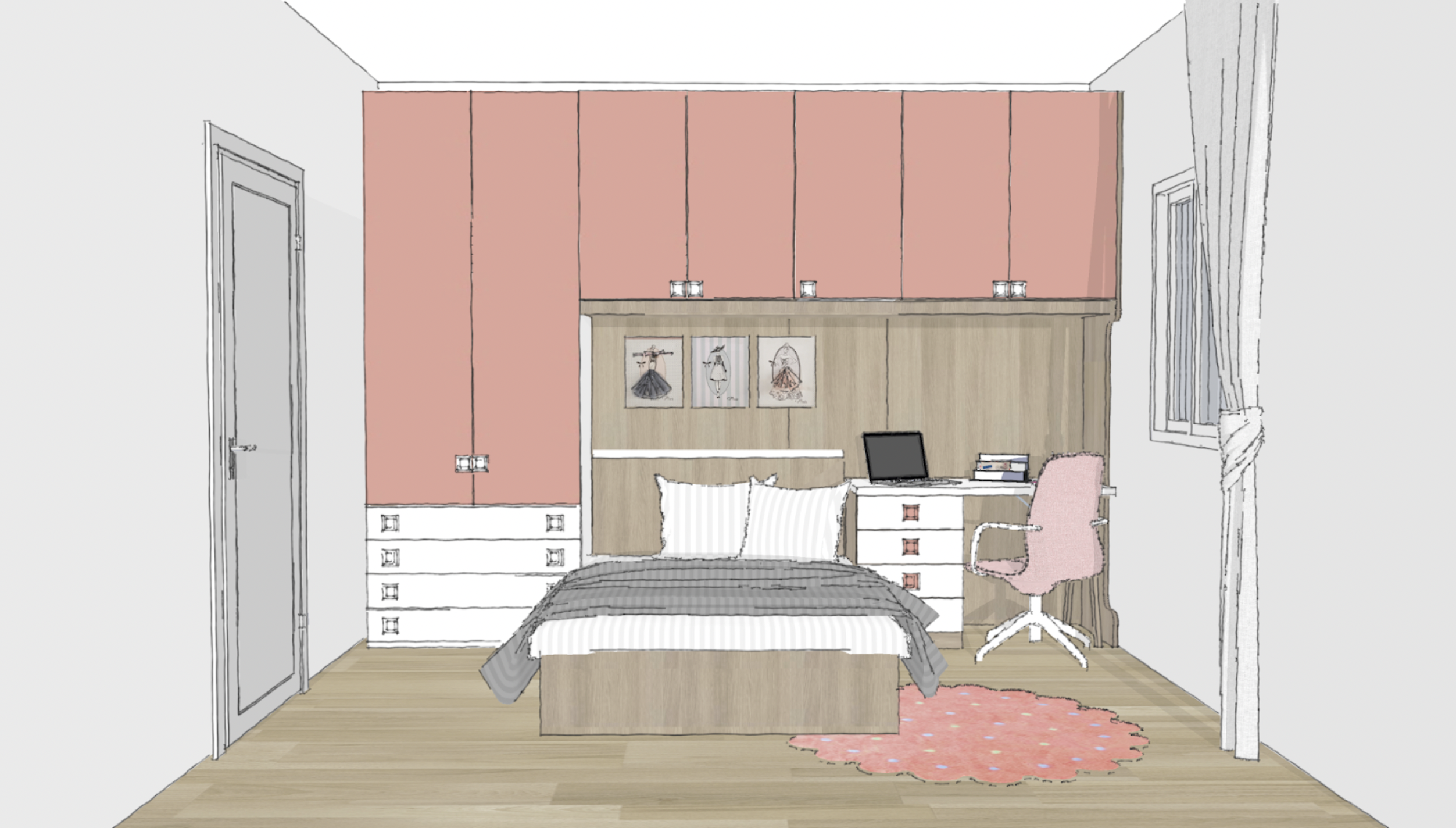 Una camera da letto organizzata con una scrivania e un letto