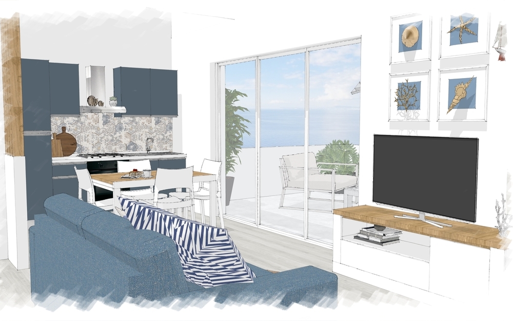 Progetto open space cucina, salotto e terrazzo