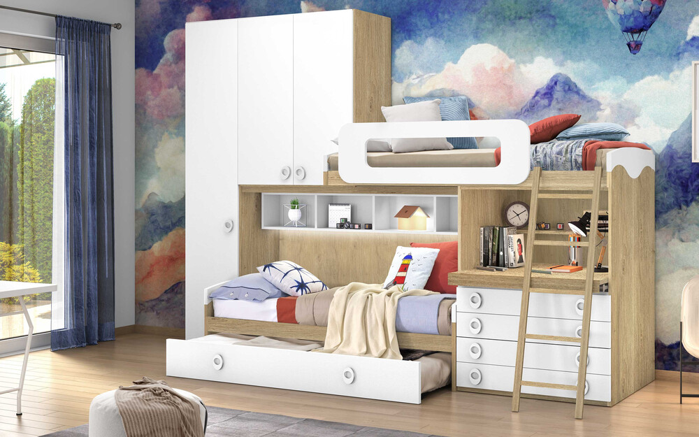 Cameretta per bambini a soppalco Sierra effetto rovere nodato e bianco