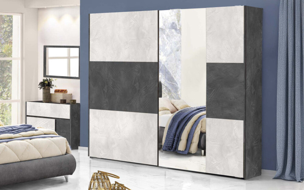 Armadio Vela con 2 ante maxi scorrevoli e specchio destro, ideale per risparmiare spazio in camera da letto