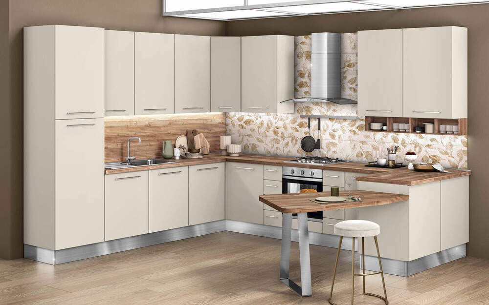 Cucina componibile Stella, effetto opaco e superficie effetto seta.