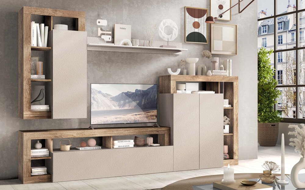 Parete attrezzata porta TV Amburgo in finitura cashmere e effetto noce mercure con moduli versatili di Mondo Convenienza