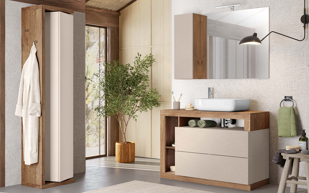 Mobile bagno compatto e moderno modello Amburgo con finiture effetto legno e cashmere, vani a vista e specchio rettangolare