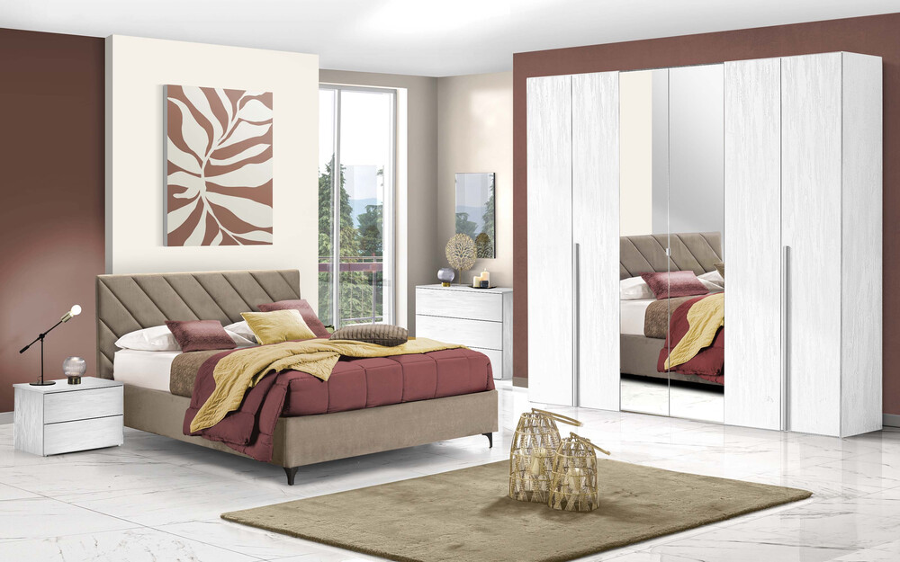 Camera da letto in stile boho-chic con armadio Donatella a 6 ante bianco neve con specchi centrali e letto matrimoniale imbottito Big Town