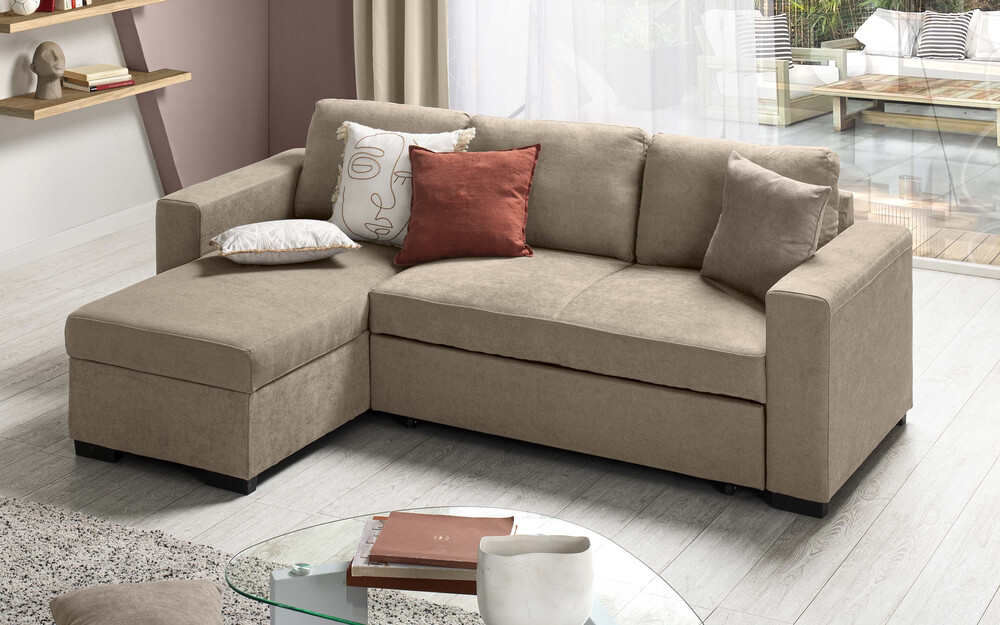 Divano letto a 3 posti Liberty in tessuto beige con penisola laterale e vano contenitore