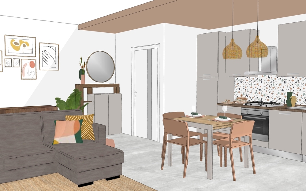 Progetto open space moderno per una casa di 50 mq con cucina lineare, tavolo con sedie, divano e madia