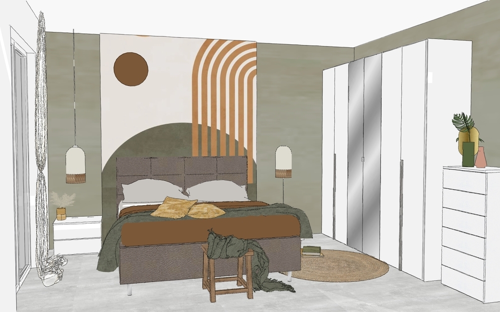 Camera da letto in stile boho-chic con armadio Donatella a 6 ante bianco neve con specchi centrali e letto matrimoniale imbottito Big Town