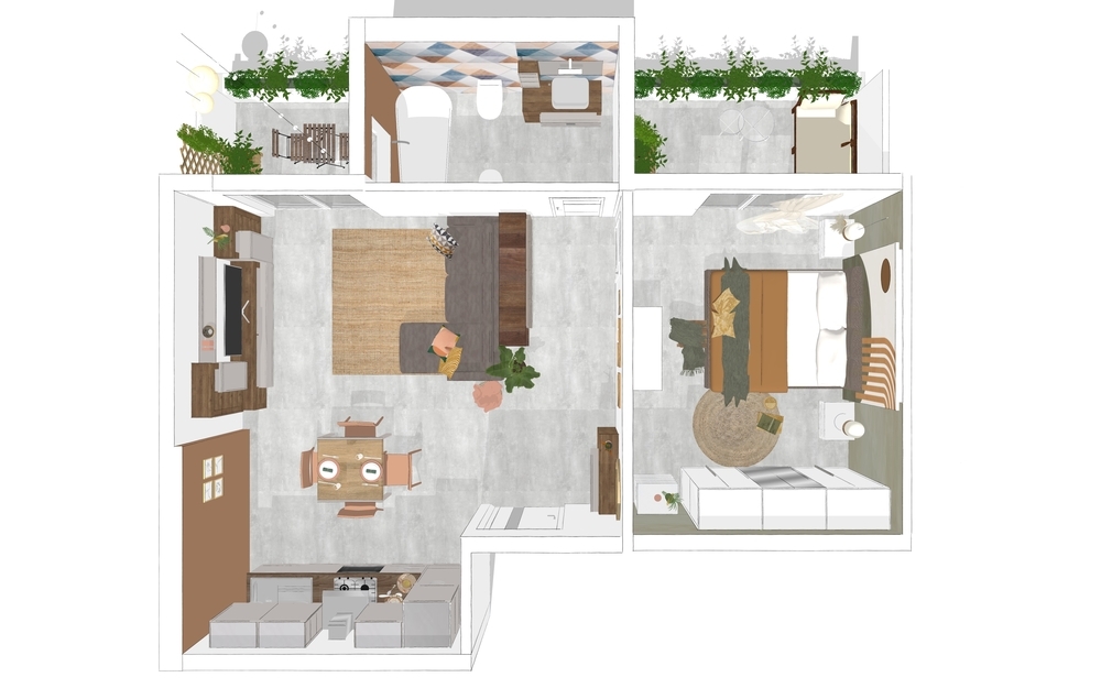 Progetto open space moderno per una casa di 50 mq