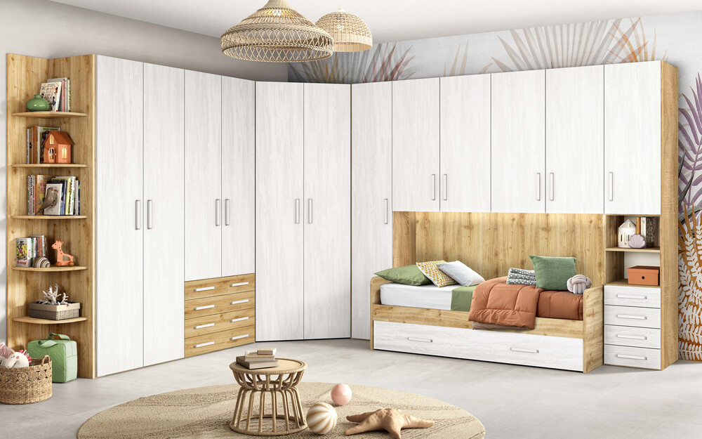 Cameretta angolare a ponte moderna bianca e color legno