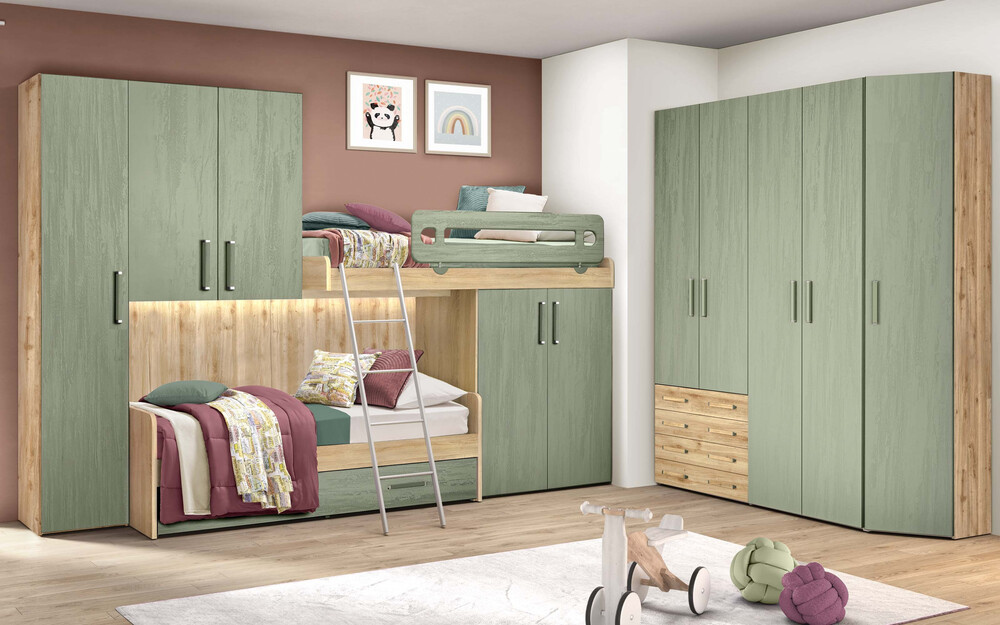 Cameretta componibile con letto a soppalco sfalsato, armadio a ponte e armadio angolare verde e color legno