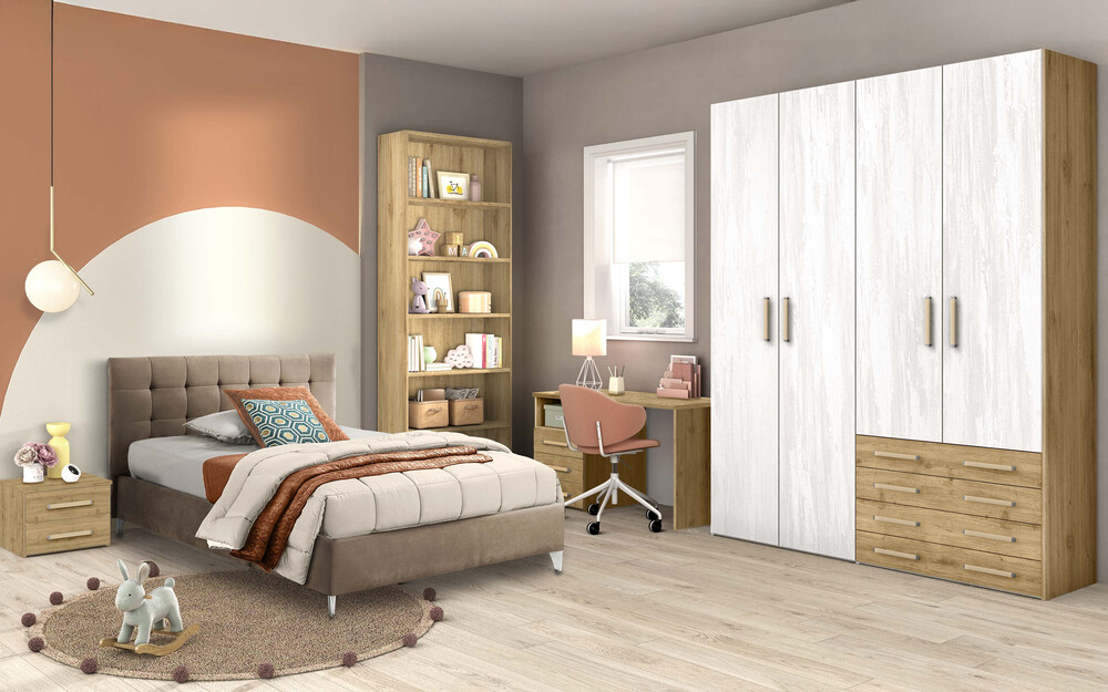 Cameretta moderna con letto, zona studio e armadio effetto rovere cadiz, bianco neve, effetto rovere