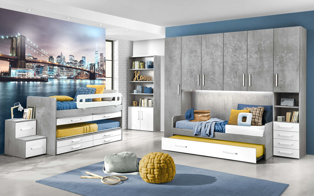 Cameretta completa con letto a soppalco, armadio a ponte e letti estraibili effetto cemento e bianco