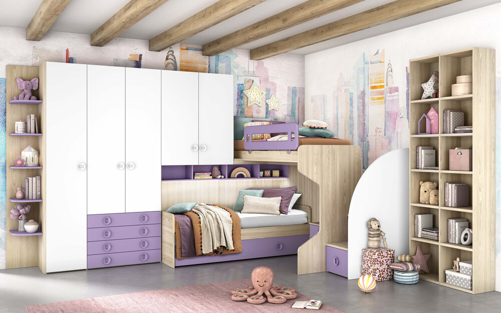 Cameretta con soppalco e armadio effetto beige, bianco luna e glicine