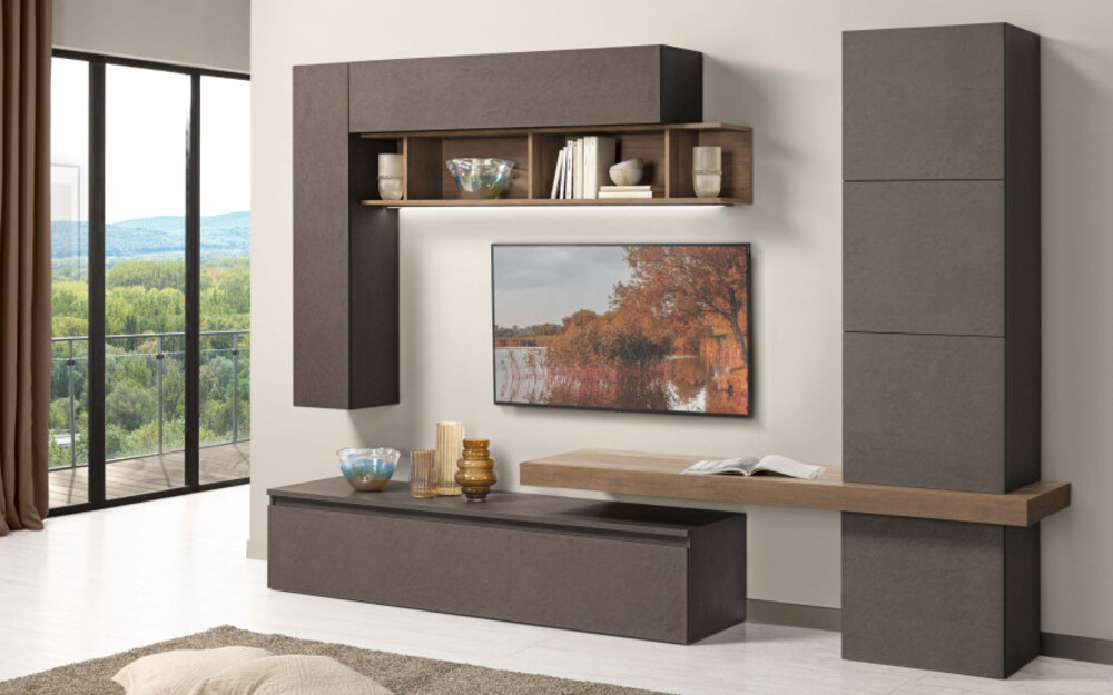 Parete attrezzata moderna Soggiorno Fantasy di Mondo Convenienza, con moduli sospesi, mensole, base porta TV e colonna laterale