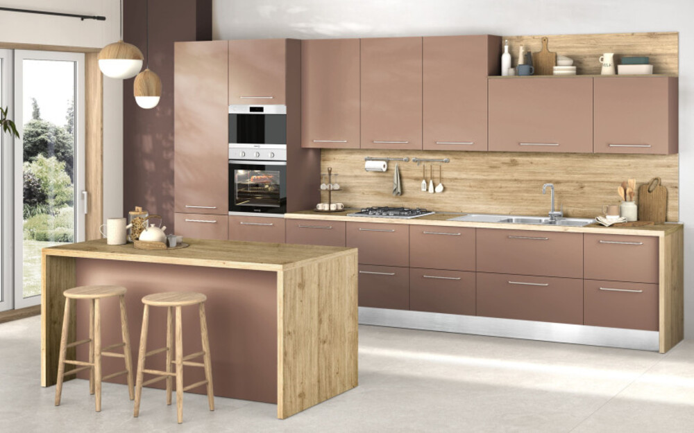 Cucina componibile Stella in tonalità rosa retrò con isola centrale - Mondo Convenienza