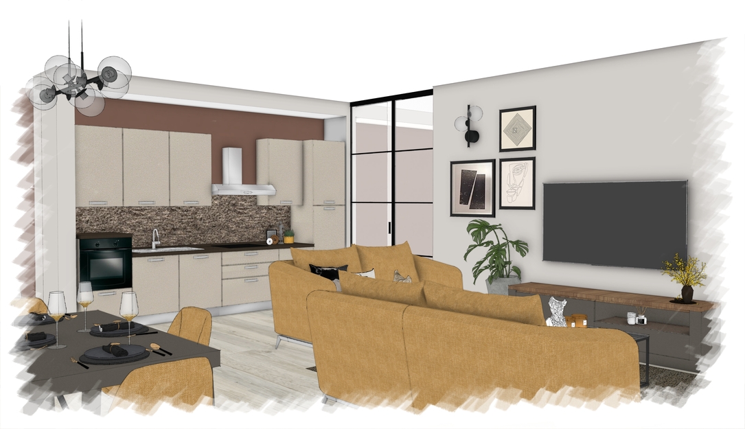 Progetto di divisione open space con divano a centro stanza e cucina sullo sfondo - Mondo Convenienza